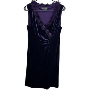 Vintage Y2K 90s Connected Petite Purple Velvet Rose Trim V Neck Sleeveless Dress